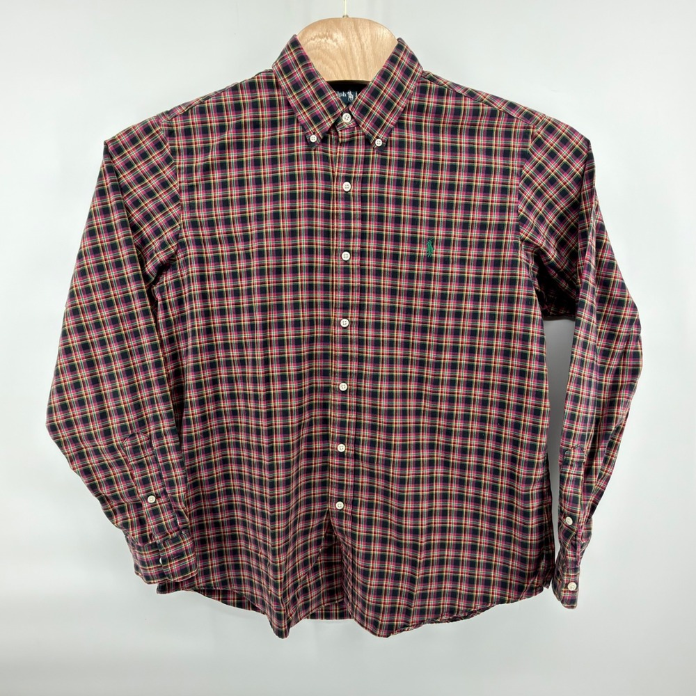 Ralph Lauren Button Front Mens L Black Red Green Yellow Plaid Custom Fit Shirt